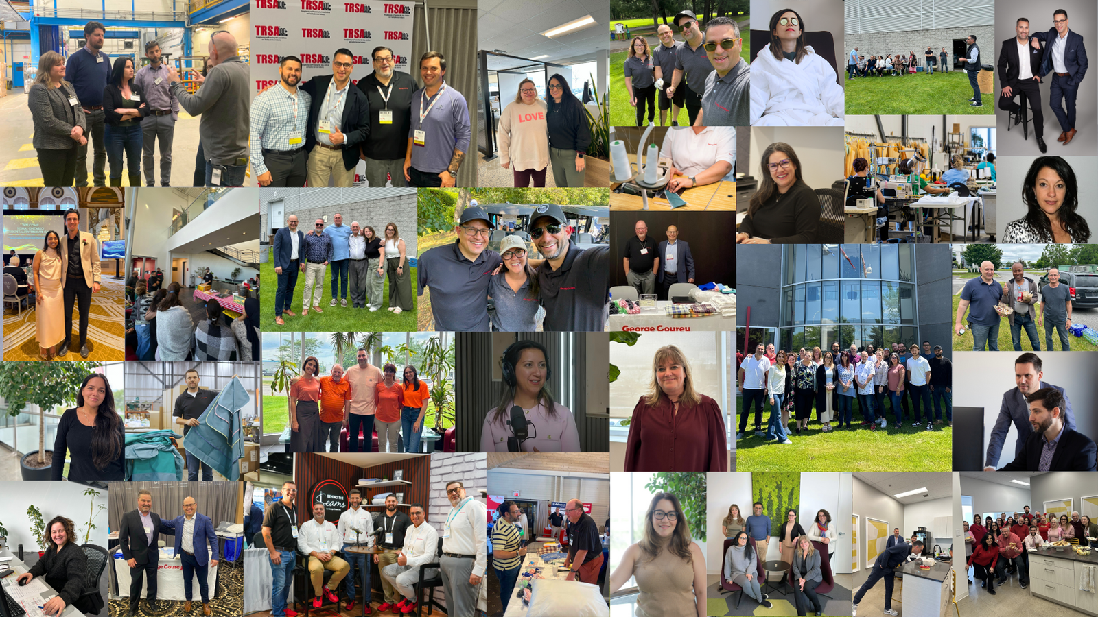Collage of George Courey Inc. employees across various locations and events, showcasing a vibrant workplace culture through team activities, trade shows, office life, and community engagement.