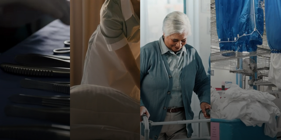 Collage representing George Courey Inc.'s core industries: surgical instruments on a table, a housekeeper making a bed, a senior woman using a walker in a healthcare setting, and an industrial laundry facility with linens and equipment.