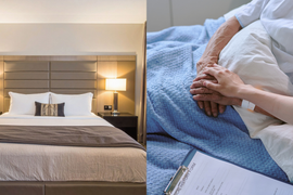 Our Industries: A comfortable hotel bed & A patient in bed being comforted
